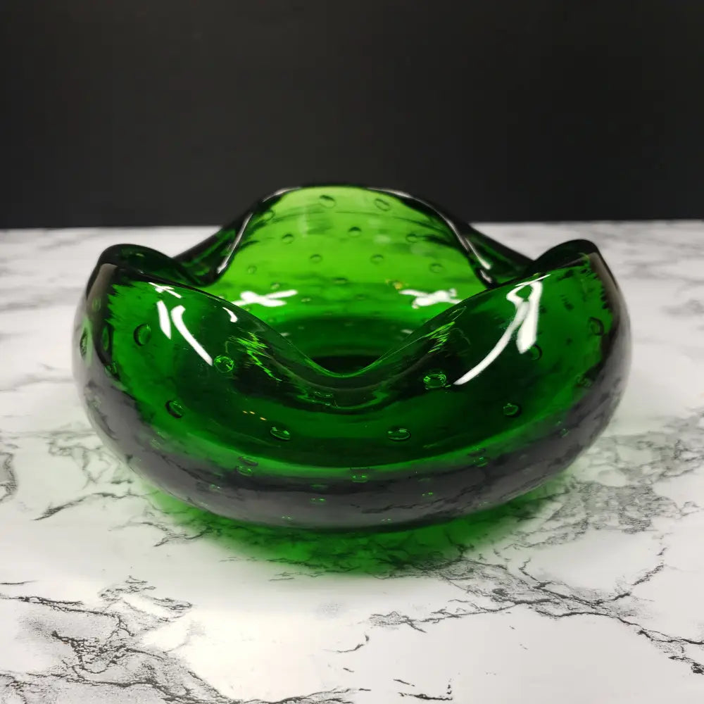Blenko Bullicante Emerald Glass Crimped Rim Bowl Vintage Decor