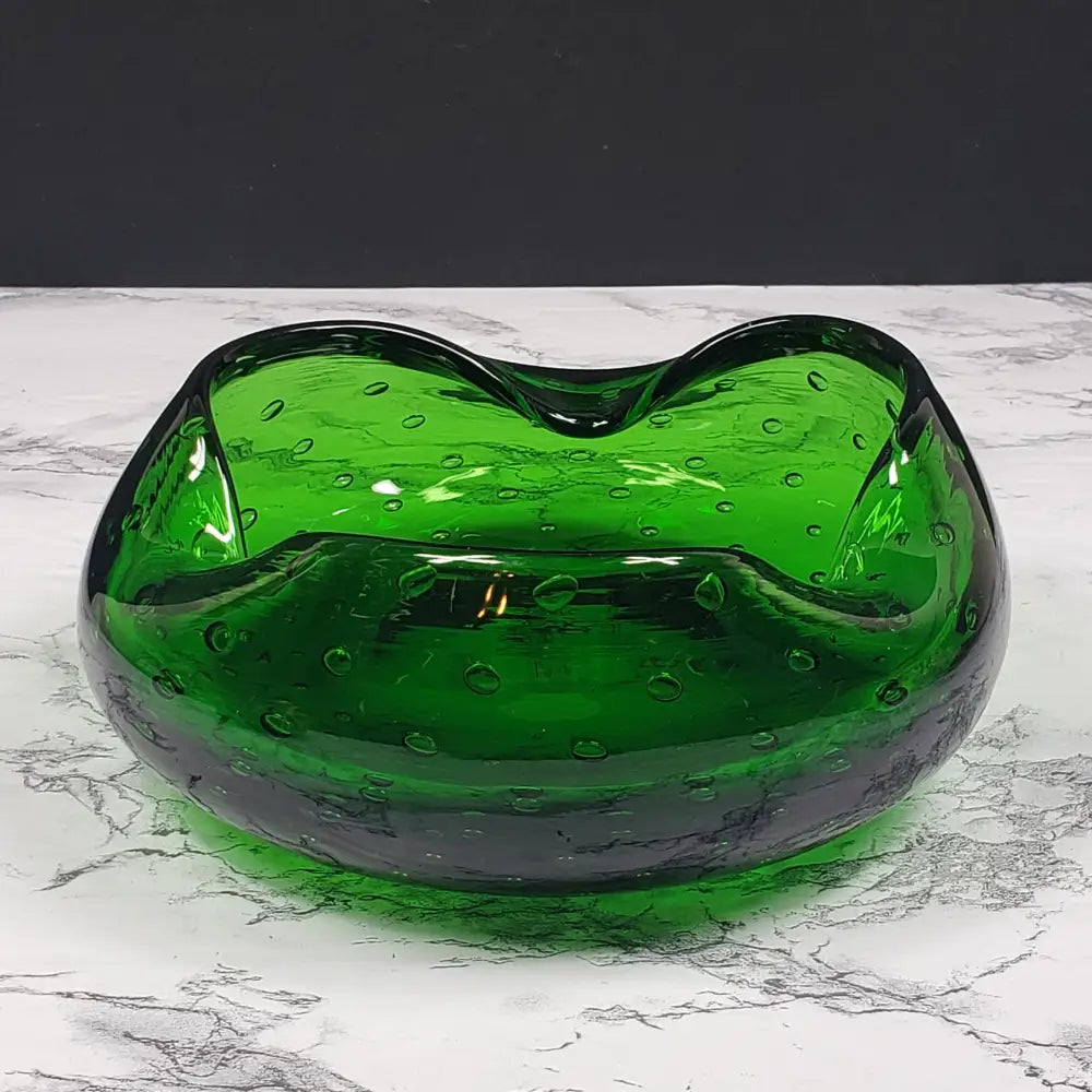 Blenko Bullicante Emerald Glass Crimped Rim Bowl Vintage Decor