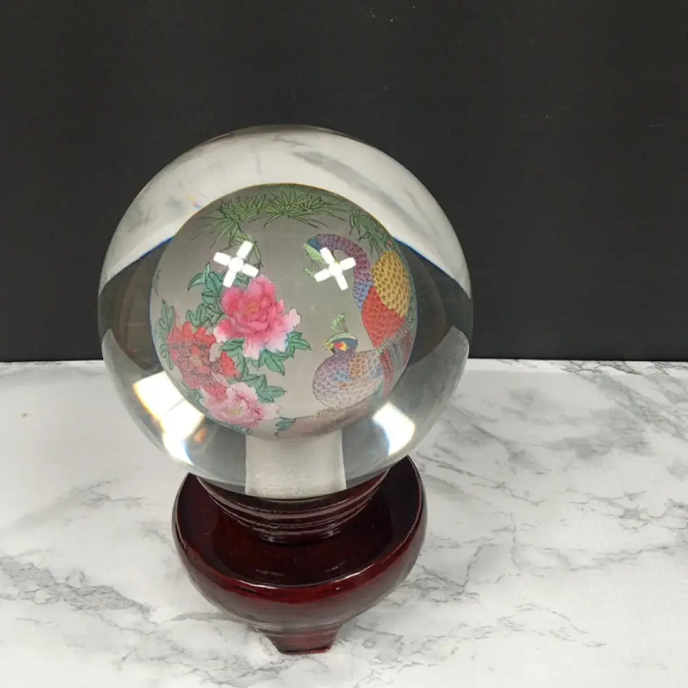 Reverse Painted Peacock Crystal Ball With Stand ( Vintage ) Decor