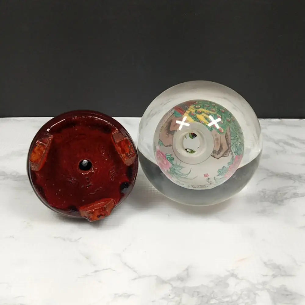 Reverse Painted Peacock Crystal Ball With Stand ( Vintage ) Decor