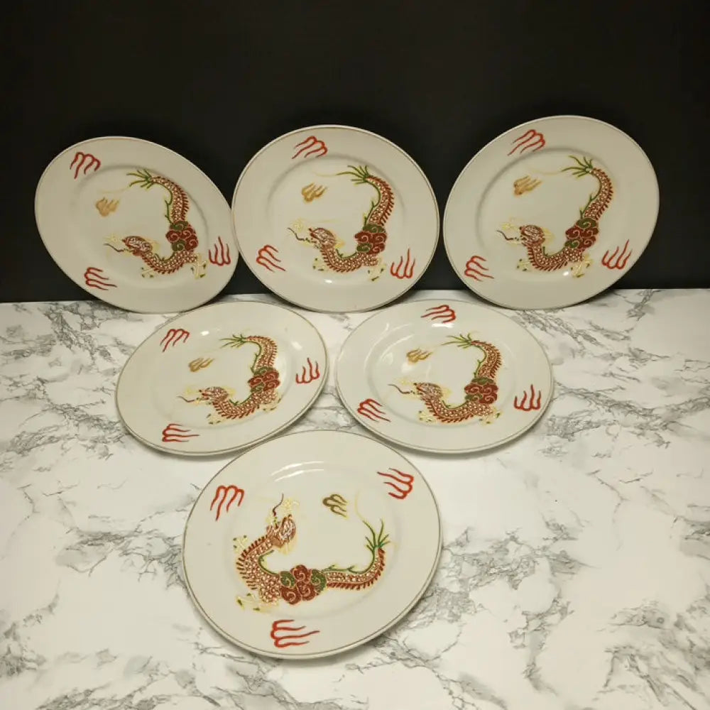 Handmade Japanese Porcelain Dragon & Fire Plates ( Vintage ) Decor