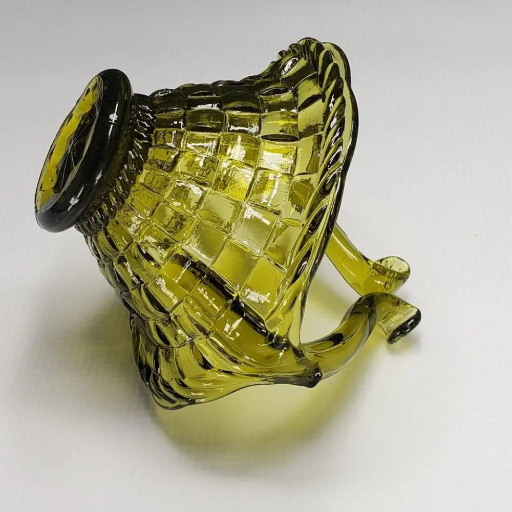 Glass Basket Woven Pattern Olive Green Vintage - Decor