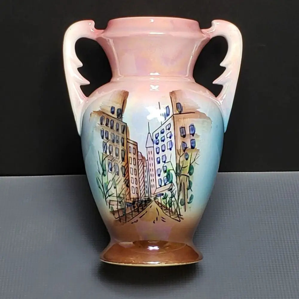 Hand Painted Pearlescent Double Handled Art Deco Urn Vase