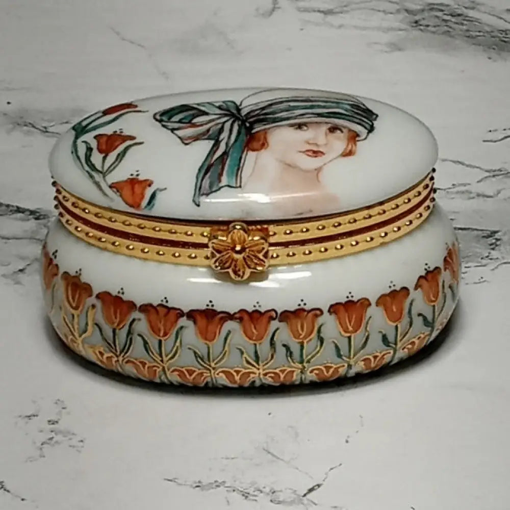 Hand Painted Porcelain Trinket Box Artist Signed ( Vintage ) Decor