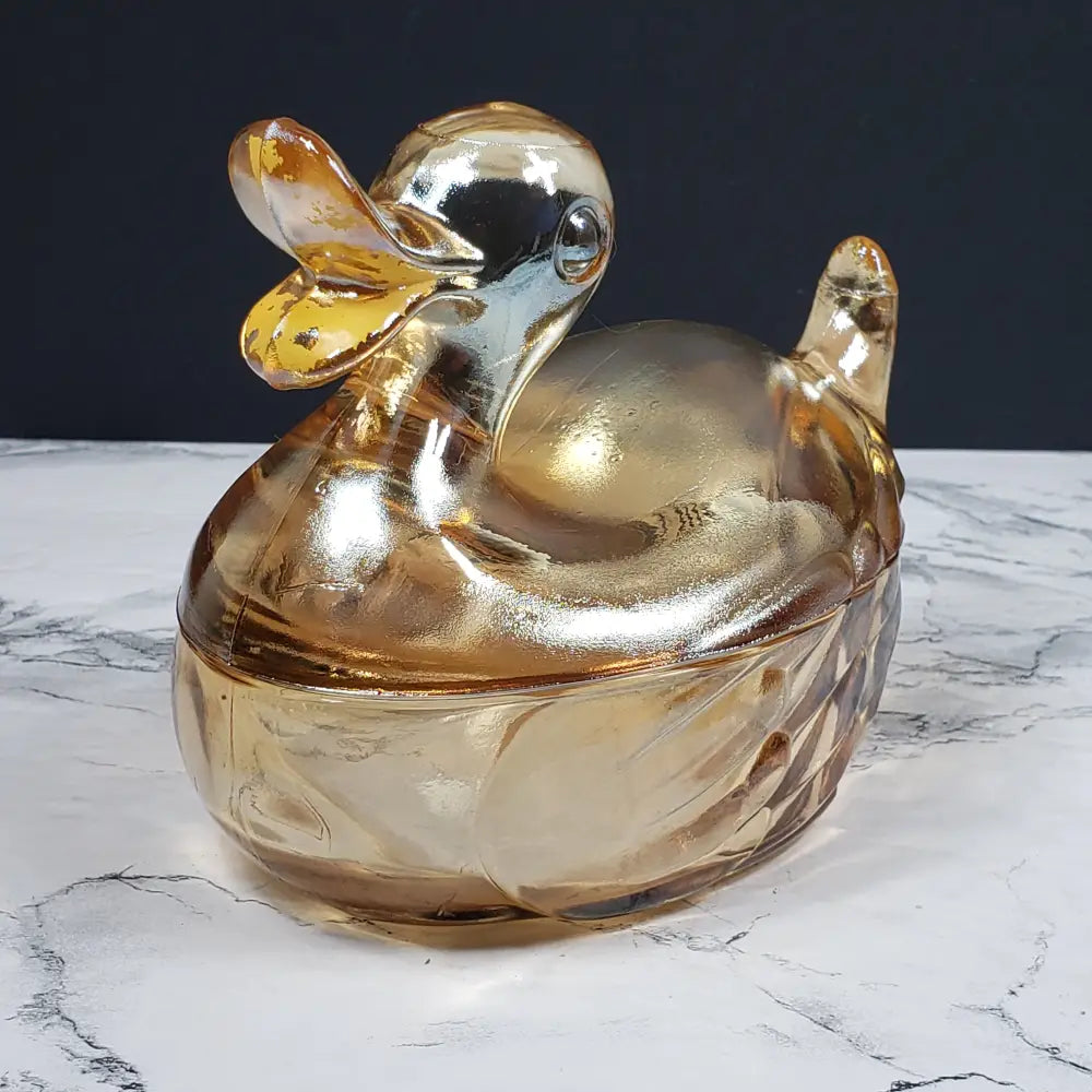 Jeanette Marigold Glass Lidded Duck Dish Vintage Decor
