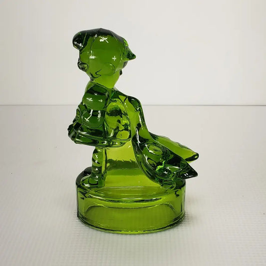 L.e. Smith Girl With Geese Green Glass Figurine Vintage Mcm Decor