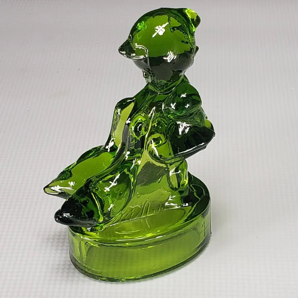 L.e. Smith Girl With Geese Green Glass Figurine Vintage Mcm Decor