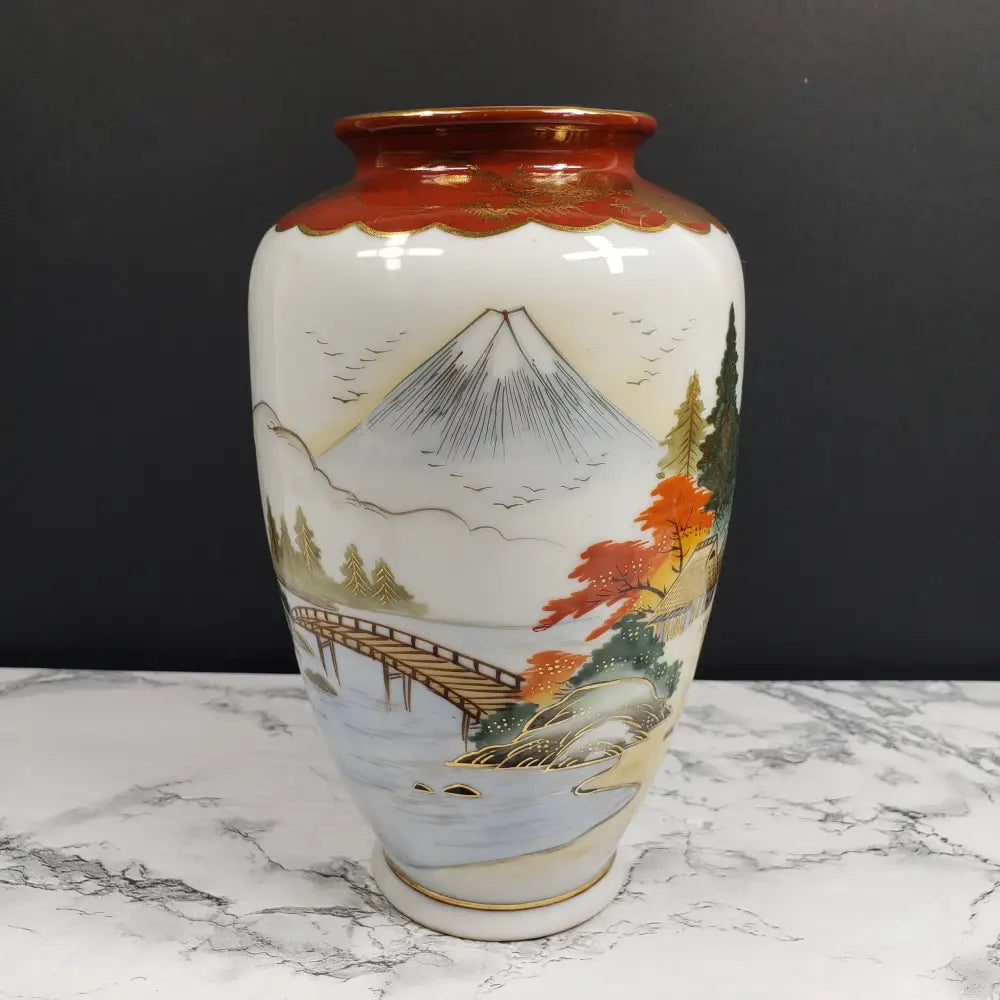 Occupied Japan Kutani Hand Painted Porcelain Vase Mt Fuji Village Dragon