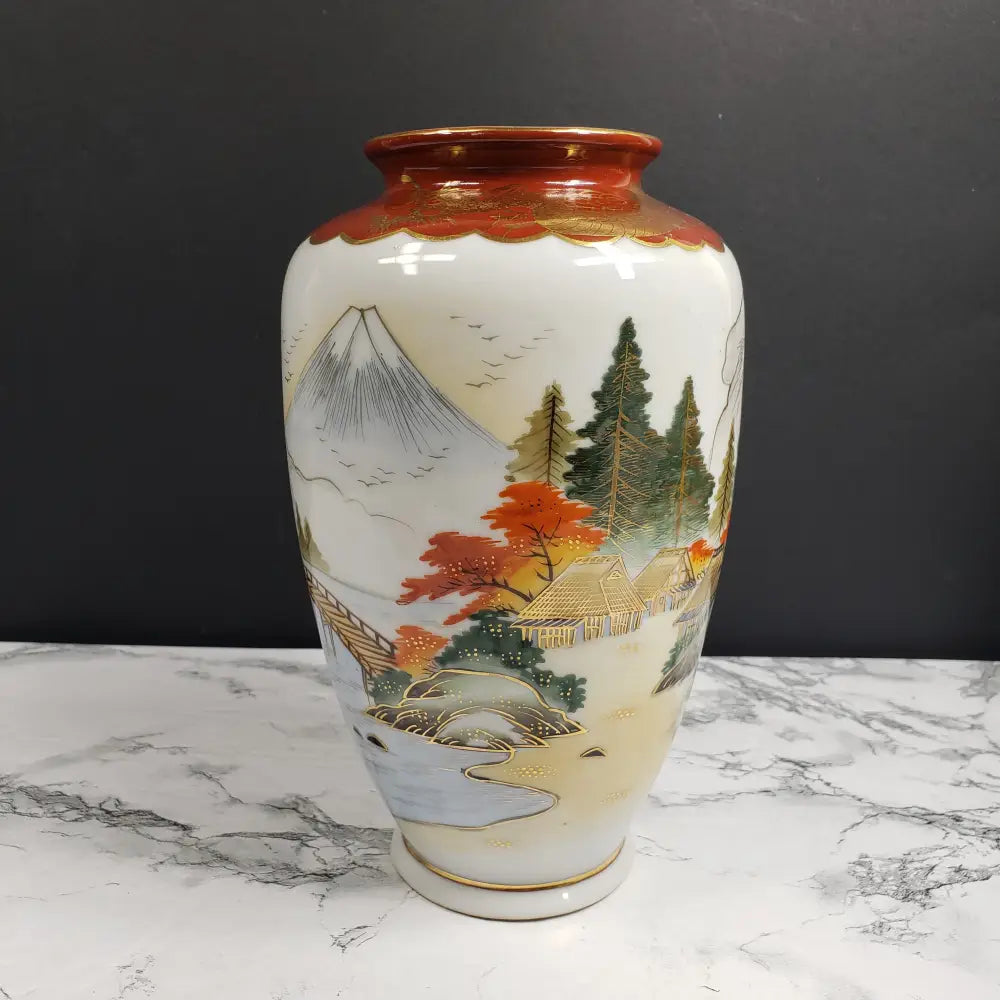 Occupied Japan Kutani Hand Painted Porcelain Vase Mt Fuji Village Dragon