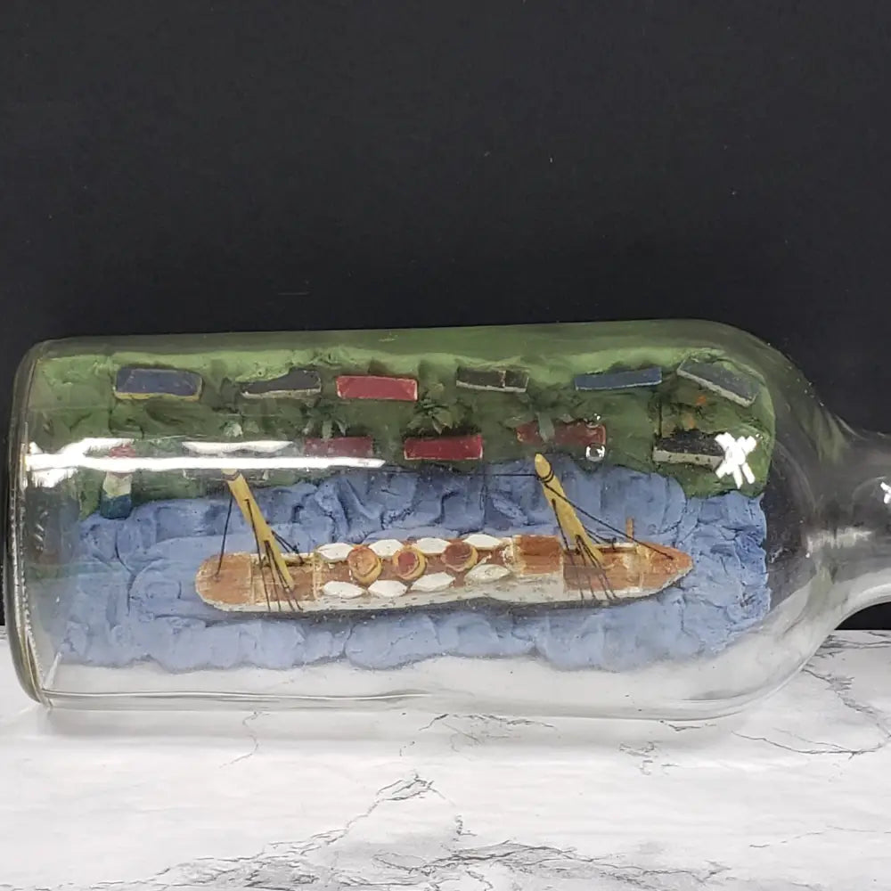 Ship Bottle Diorama Clay Wood With Stand Vintage Decor