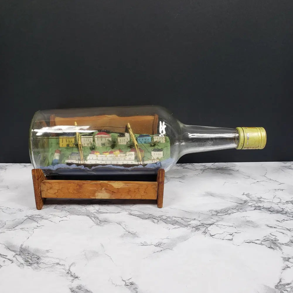 Ship Bottle Diorama Clay Wood With Stand Vintage Decor