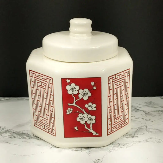 Tea / Spice Jar Japan 1979 Octagon Red Cherry Blossom Vintage Decor