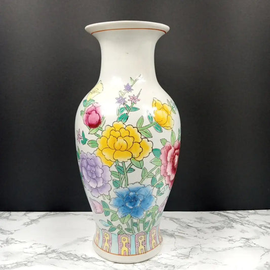 Vase Oriental Hand Painted Flowers Porcelain Vintage Decor